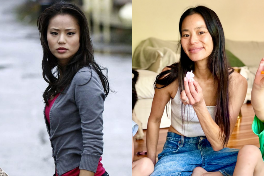 Serious young woman in a gray zip-up hoodie on a dramatic TV set, beside a casual home photo of her smiling in a tank top and denim shorts, holding a snack.