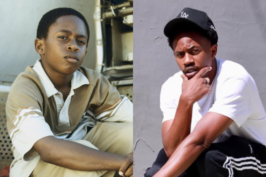 Young boy sitting on a sidewalk in a brown striped polo with a skeptical look, beside a grown-up version posing in a black cap and white tee with a confident expression.