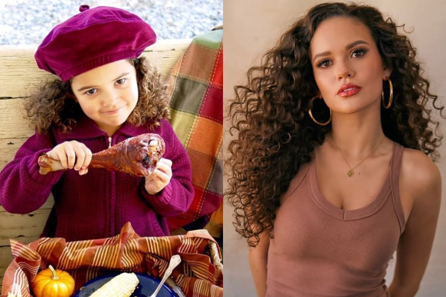 Little girl in a burgundy outfit and beret grinning while holding a turkey leg, beside a glamorous modern photo of her with voluminous curls and hoop earrings.