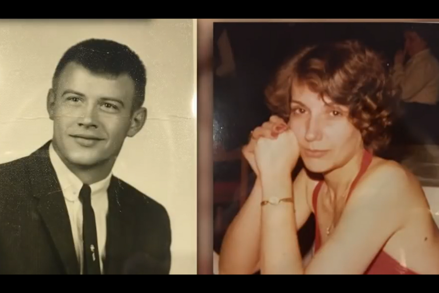 Side-by-side portraits, one of a young man in a suit and tie and one of a woman with short curly hair in a red halter top.