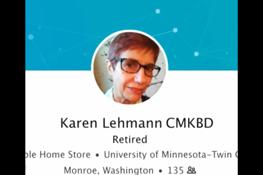 A LinkedIn profile screenshot showing a woman with glasses and short red hair, with the name "Karen Lehmann CMKBD" and the word "Retired" beneath it.