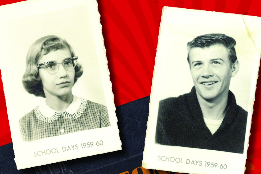 Two vintage school portraits from 1959–60, one of a girl in glasses with a lace-collared dress and one of a boy in a dark sweater, both in black and white.
