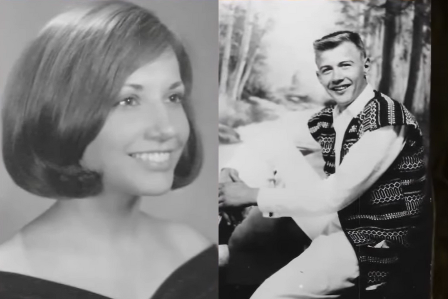 Split black and white image showing two portraits. Left is a young woman with a bob hairstyle in an off the shoulder drape smiling. Right is a young man seated outdoors wearing a patterned sweater vest with a wooded creek backdrop.