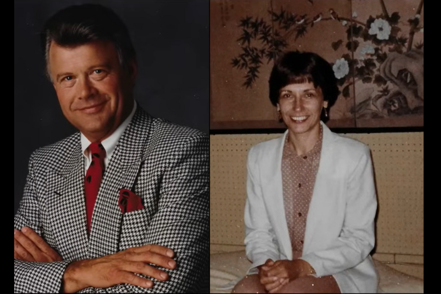 Side by side portraits. Left is a man in a black and white houndstooth jacket with a red tie and pocket square smiling with arms crossed. Right is a woman in a white blazer and polka dot blouse sitting with a floral screen behind her.