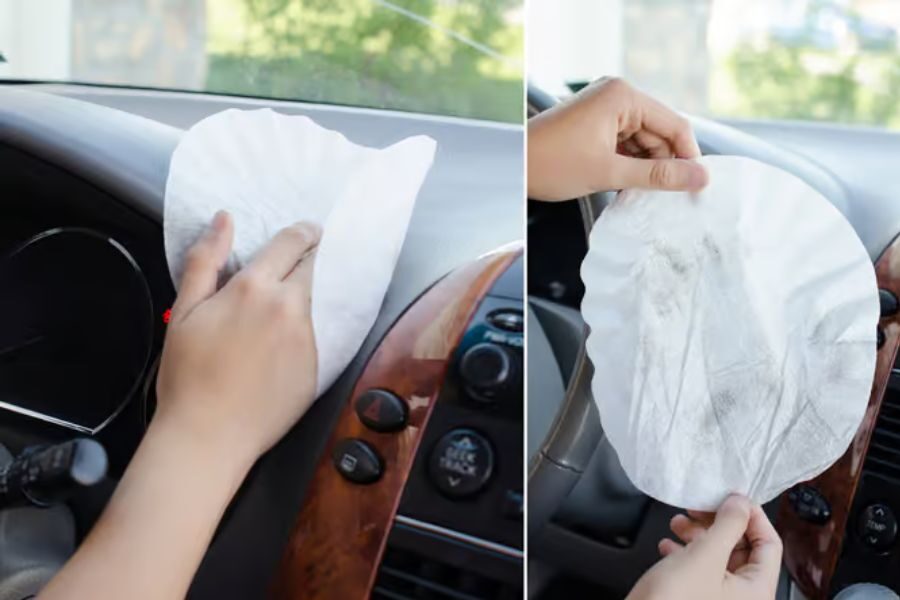 Cleaning car dashboard with coffee filters
