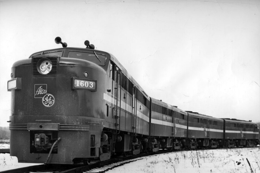 black and white image of a train 1950s