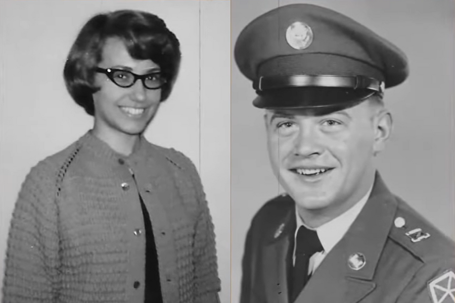 Black and white portraits side by side showing a young woman in glasses and a sweater smiling, and a young man in a military uniform with a cap.