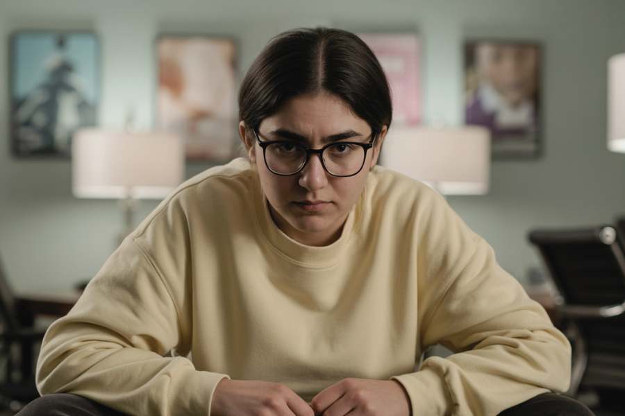A teenage girl in a pale yellow sweatshirt and glasses sits leaning forward with a tense, serious expression, surrounded by soft lighting in what appears to be an office or counseling room.
