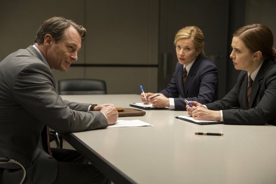 A man in a gray suit leans forward during a serious conversation with two professionally dressed women taking notes across the table in a formal, windowless room.