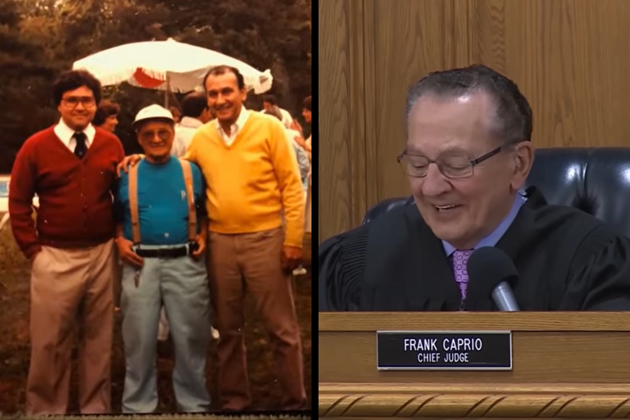 A split image shows a nostalgic outdoor photo on the left of three men posing arm-in-arm at a family gathering, and on the right, an older man in a judge's robe smiling behind a courtroom bench labeled "Frank Caprio Chief Judge".