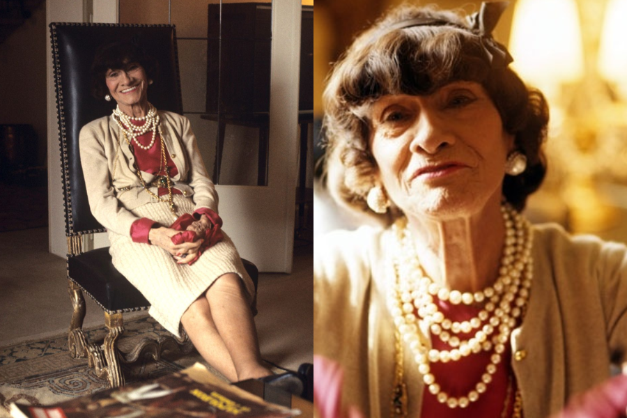 Elderly woman seated in a high-back chair, wearing layered pearl necklaces, a beige suit, and a red blouse, smiling warmly. In the second image, she’s seen closer-up, showing her expressive face and signature style.
