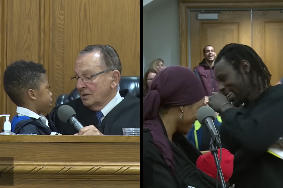 A split image shows Judge Frank Caprio gently speaking to a young boy seated beside him in court, while on the right a joyful man and woman share a heartfelt moment at a courtroom microphone.