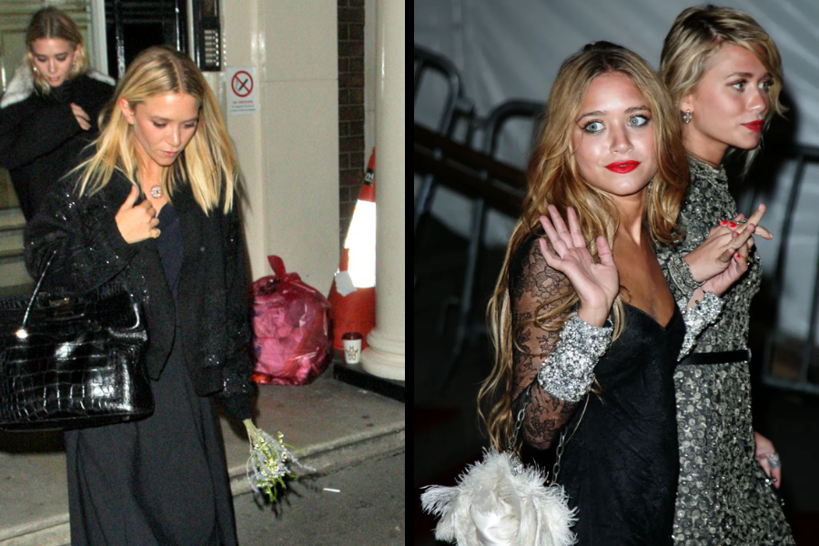 On the left, a woman dressed in black carries a black handbag and a small bouquet while walking on a sidewalk at night, another woman walks behind her. On the right, two women dressed glamorously at an event, one waving at the camera while holding a cigarette.