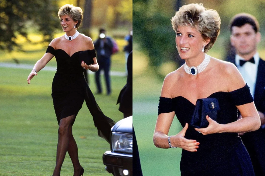 Smiling woman in an off-the-shoulder black dress with sheer black tights and a statement choker necklace, walking across a grassy lawn. Second image captures her joyful expression and elegant jewelry.
