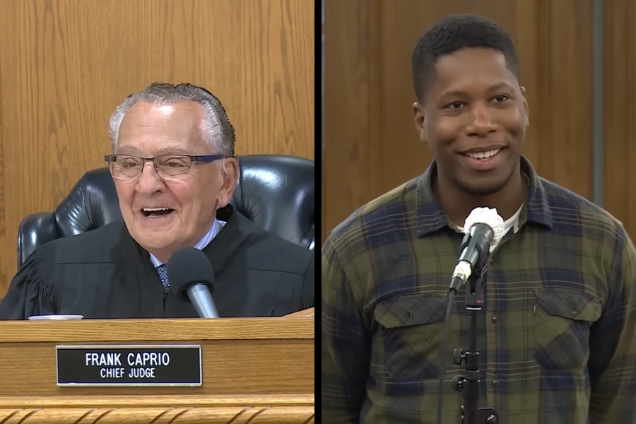 A split image showing Judge Frank Caprio smiling warmly in court, while a young man in a plaid shirt stands at the microphone, also smiling.