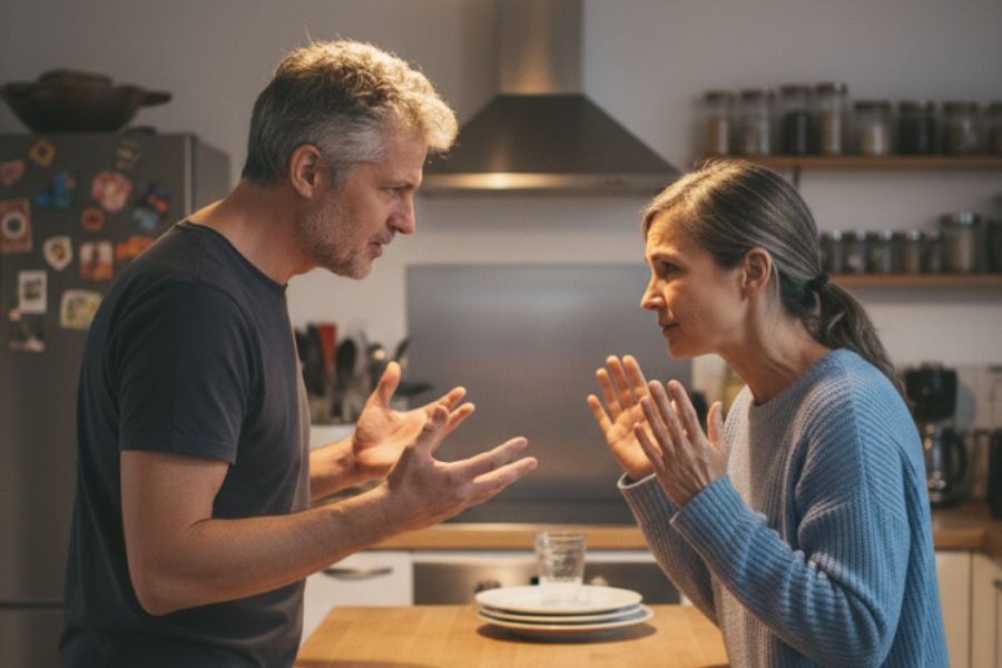 A middle-aged man and woman argue intensely in a kitchen, gesturing with raised hands while standing on opposite sides of a counter.