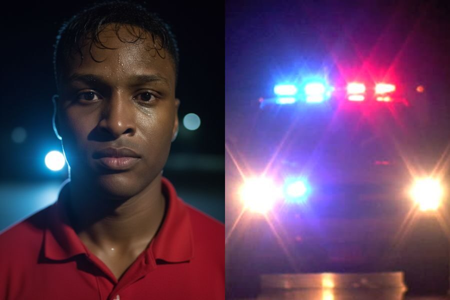 Split-screen image showing a young man with a serious expression on the left and flashing red and blue police lights on the right.