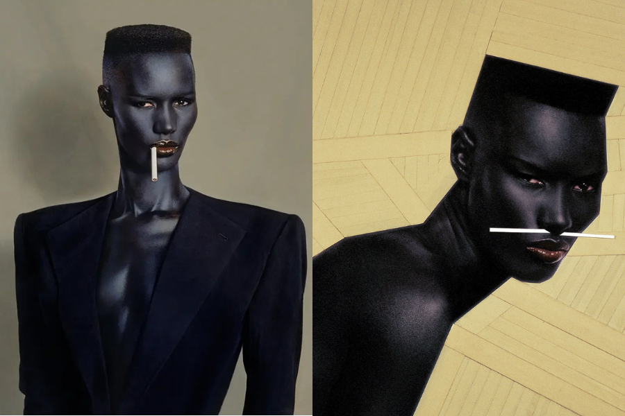 Woman with a sculpted high-top fade haircut and exaggerated shoulders wears a sharp black blazer with a cigarette held dramatically between her lips. Second image stylizes her with a minimalist beige backdrop and stark lighting.