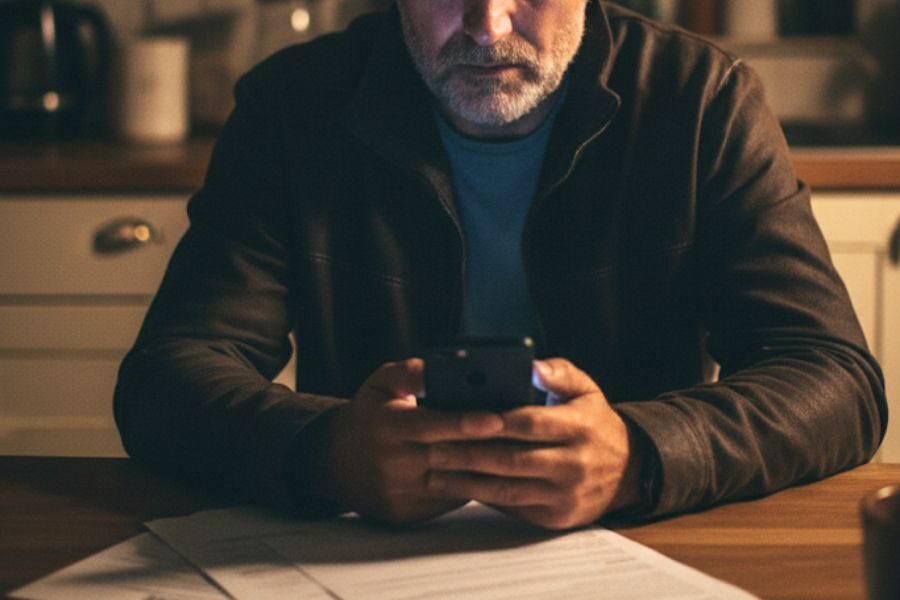 A man in a dimly lit kitchen looks down at his smartphone with paperwork spread out in front of him on the table.