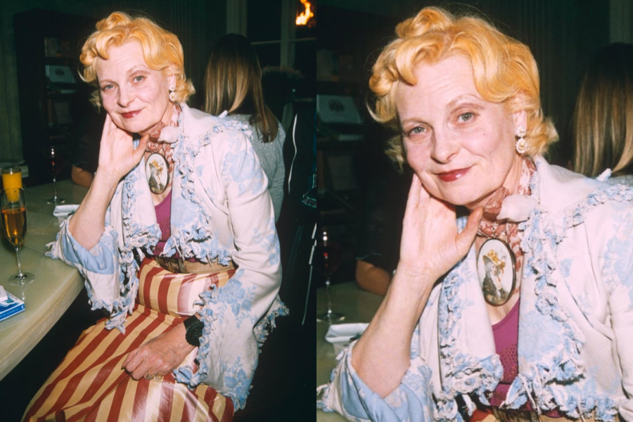 Elderly woman seated at a dinner event wearing a ruffled jacket with blue floral trim and a cameo brooch, paired with striped red and gold skirt. Second image captures her soft smile and hand gently resting on her neck.