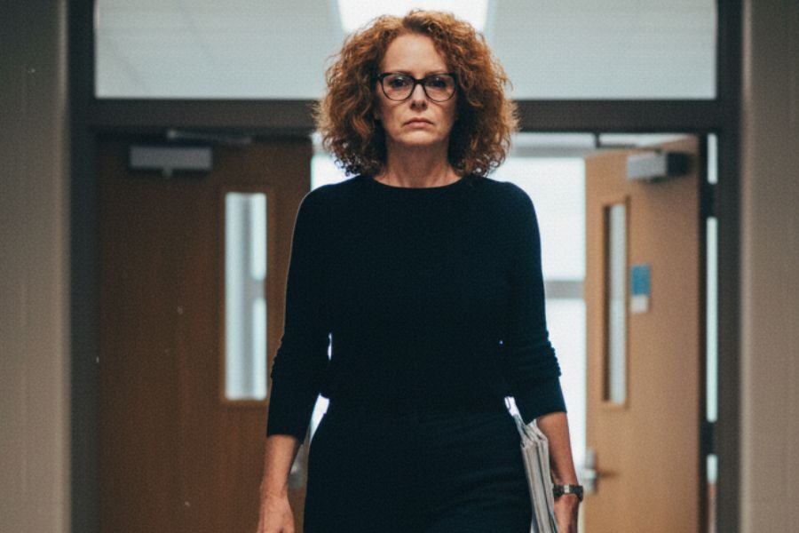 A serious-looking woman with curly hair and glasses walks purposefully down a school hallway holding folders in one arm.