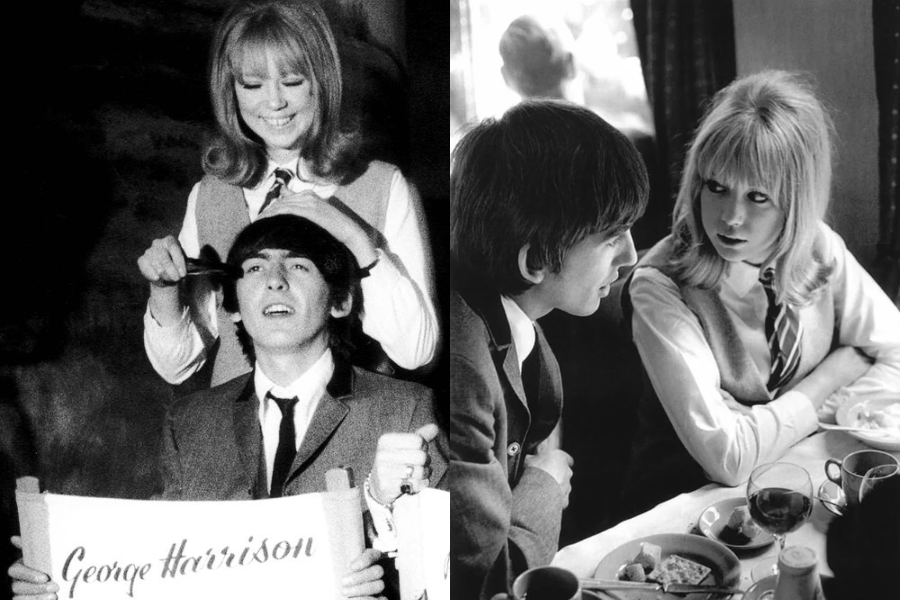 Side-by-side images of Pattie Boyd with George Harrison; one shows her combing his hair while he holds a sign with his name, and the other captures them deep in conversation at a café.
