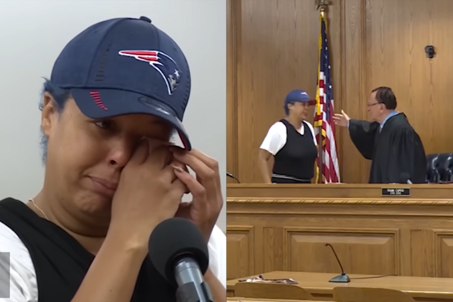 A tearful woman wearing a Patriots baseball cap wipes her eyes while speaking in court (left), and on the right, she approaches Judge Caprio for a warm embrace in the courtroom.