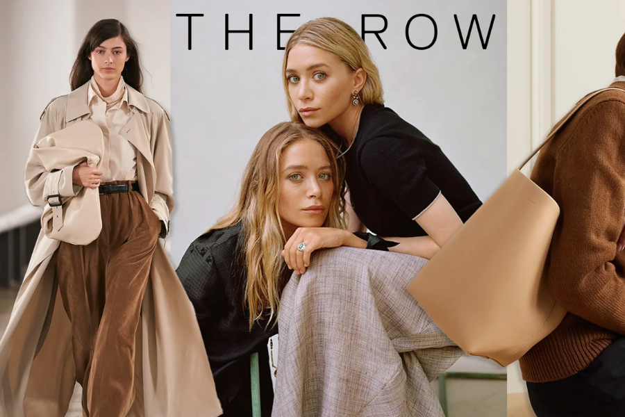A collage of fashion visuals for "The Row" shows a model walking the runway in neutral tones, Mary-Kate and Ashley Olsen posed together in sophisticated minimalist clothing, and a close-up of a leather tote bag over a shoulder.