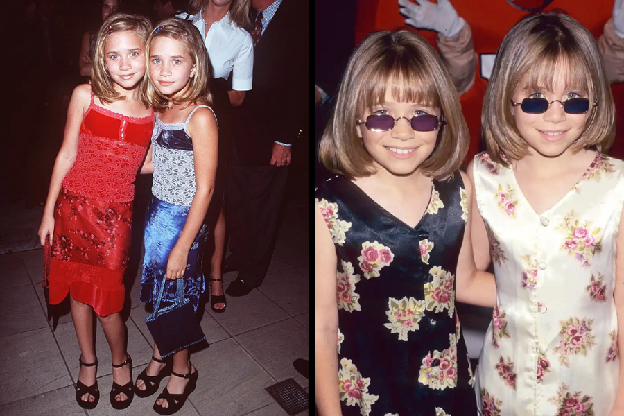 Twin girls pose in red and blue evening dresses with matching handbags at a formal event. Right: The same twins wear floral dresses and sunglasses at a different public appearance.