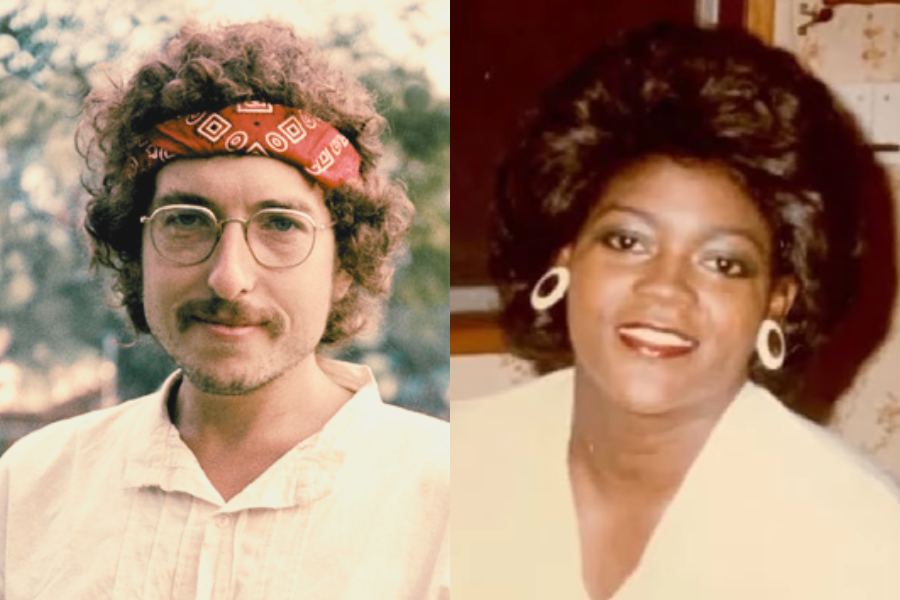 Split photo of a man with curly hair wearing a red bandana and glasses next to a smiling woman with voluminous hair and bold hoop earrings.