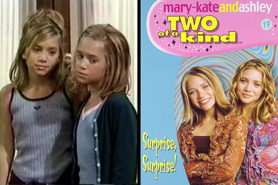 Teen twins appear in a scene from "Two of a Kind," standing close with serious expressions. Right: A DVD cover of the same show titled "Surprise, Surprise!" shows them smiling.