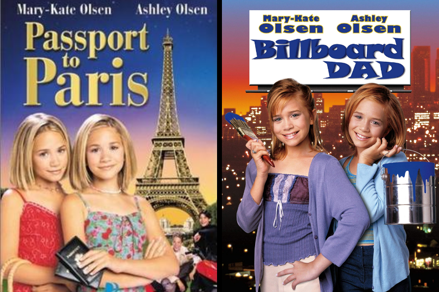 Movie poster for Passport to Paris shows twin girls in front of the Eiffel Tower. Right: Poster for Billboard Dad with the girls holding a paintbrush and paint can against a city skyline.