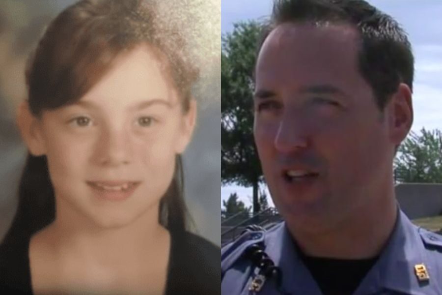 Split image showing a school portrait of a young girl on the left and a male officer in uniform on the right.