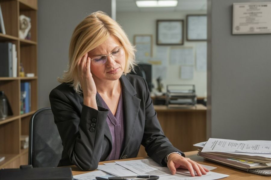 A woman in a business suit sits at a desk with documents in front of her, holding her head in frustration or stress.
