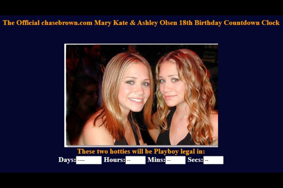 A manipulated webpage screenshot promoting a countdown to the Olsen twins' 18th birthday with a photo of the sisters smiling. The page uses disturbing and sexualized language aimed at minors.