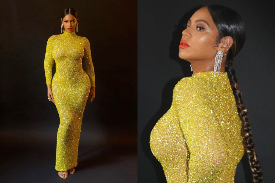 Woman in a glittering canary yellow long-sleeve gown with a high neckline and body-hugging silhouette, standing against a dark background. Second image highlights her bold earrings, sleek ponytail, and red lips.