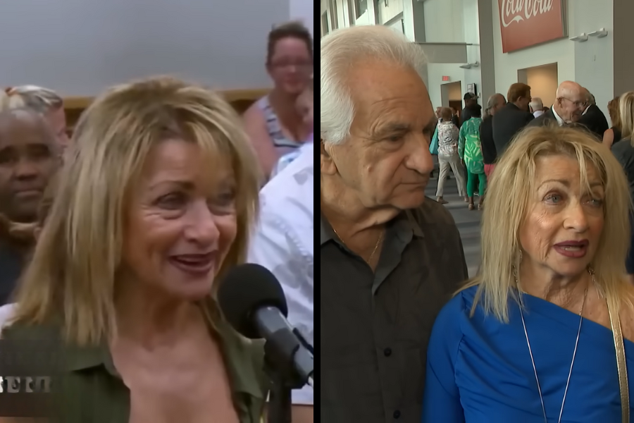 A split image of a woman smiling while speaking in court on the left, and the same woman with a man attending a public event or memorial on the right.