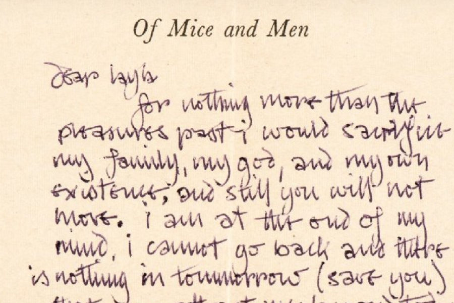 A handwritten note titled “Of Mice and Men” begins with “Dear Layla” and describes sacrificing everything for love.
