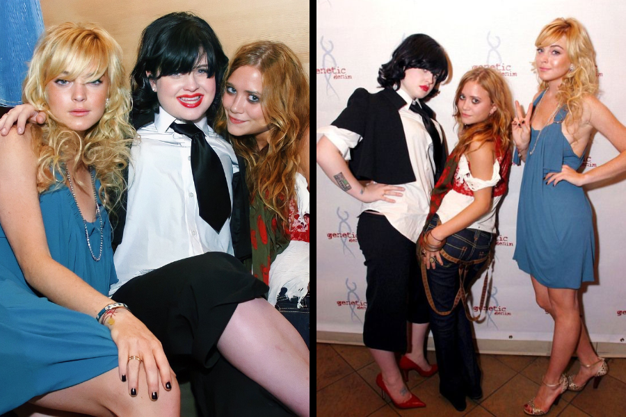 Lindsay Lohan, Kelly Osbourne, and Mary-Kate Olsen sit together at an event, posing for a photo. Right: The same trio stands in front of a step-and-repeat backdrop, posing playfully for cameras.