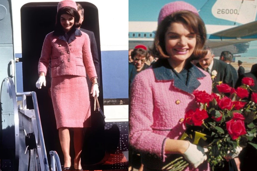Woman descending airplane steps in a pink Chanel-style suit with matching pillbox hat and white gloves, later seen smiling with a bouquet of red roses. Second image captures her poised expression and timeless look.