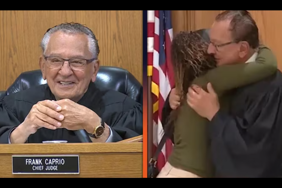 A split image of Judge Caprio smiling at his bench on the left, and warmly hugging a woman in the courtroom on the right.