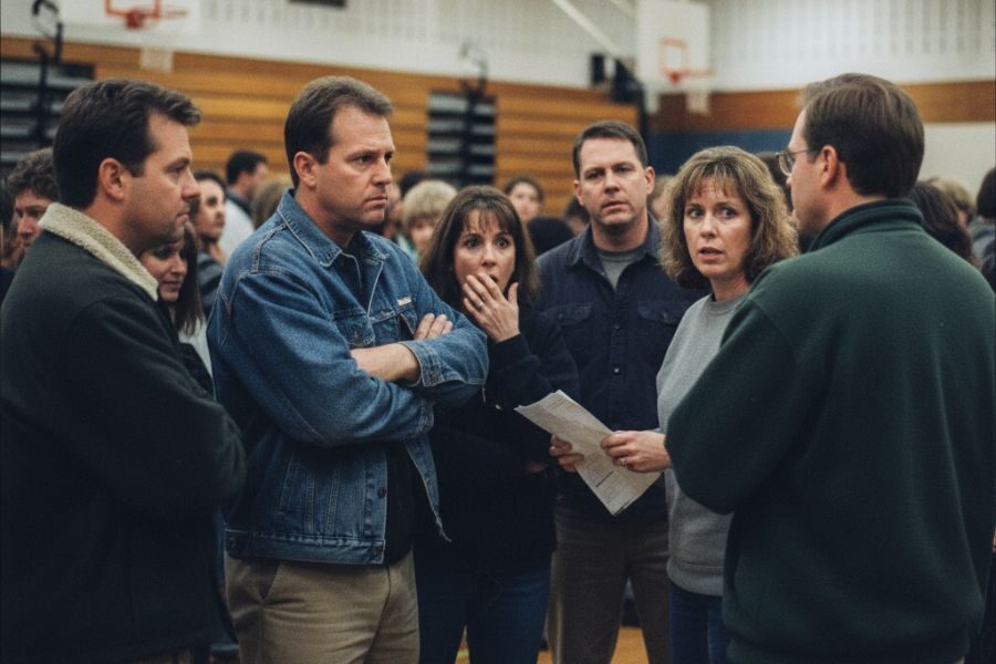 A group of concerned parents gathers in a school gym, some with shocked expressions as they listen to a man explain something.