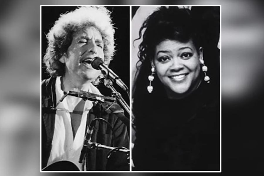 Split image of Bob Dylan performing at a microphone with a harmonica holder, and a woman smiling in a studio portrait, both in black and white.