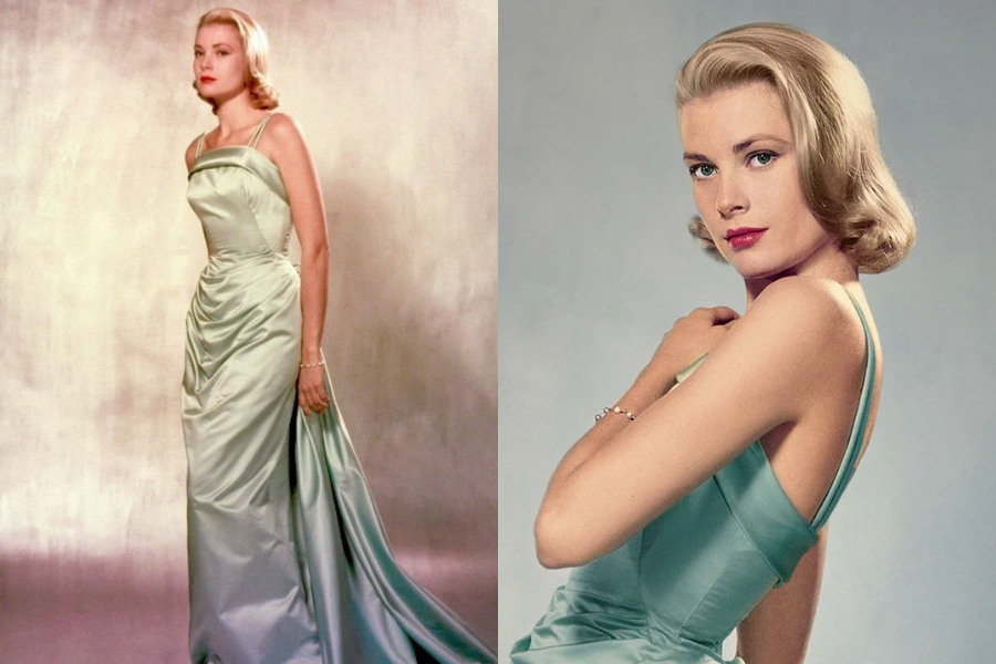 Woman in a mint green satin gown with draped waist and train stands gracefully against a neutral background. Second image features her serene expression and softly curled blonde hair.