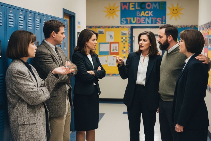 A group of teachers or administrators stands in a school hallway under a “Welcome Back Students” sign, engaged in a heated discussion.