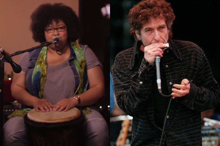 Split image showing a woman playing a drum and singing into a microphone, and Bob Dylan performing on stage with a harmonica and microphone.