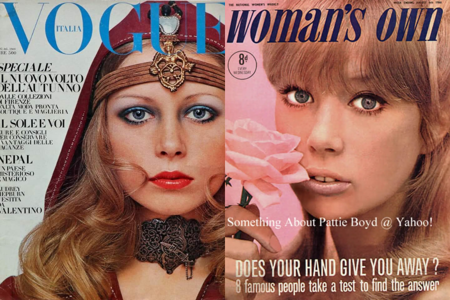 A Vogue Italia cover featuring Pattie Boyd in dramatic medieval-inspired makeup and headwear, next to a Woman's Own cover showing her holding a pink rose against a pastel backdrop.