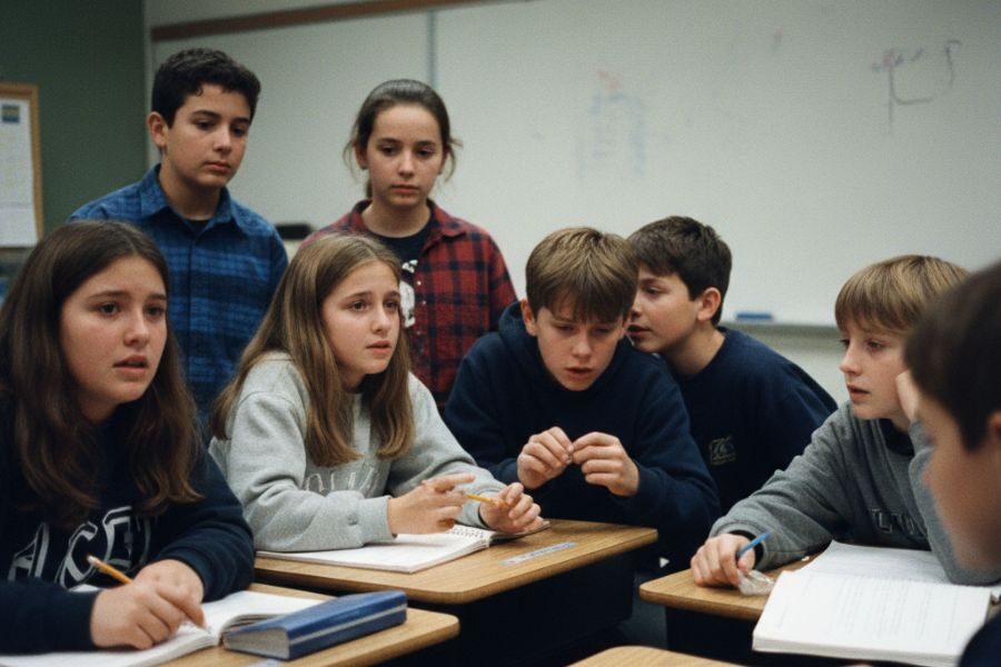 A group of middle school students sits at desks in a classroom, clustered together and appearing confused or concerned during a discussion.
