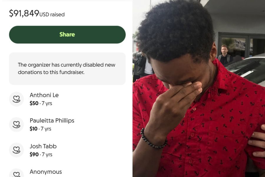 A split image showing a GoFundMe campaign with $91,849 raised on the left, and on the right, Walter Carr covers his face in emotion wearing a red shirt.