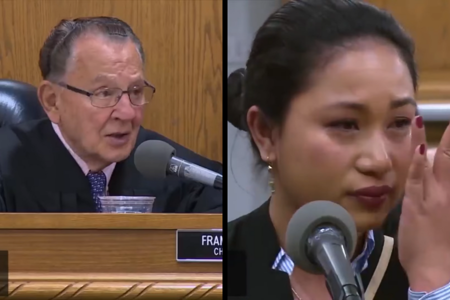 A split image showing Judge Frank Caprio attentively speaking from the bench, and a woman at the courtroom microphone wiping away tears.